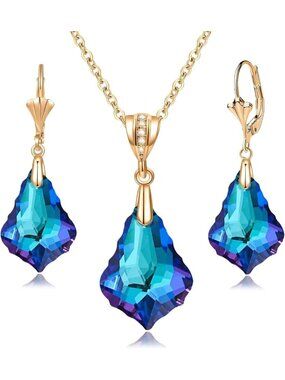 Women's Bermuda Blue Evevic Austrian Crystals Baroque Pendant Necklace Earring